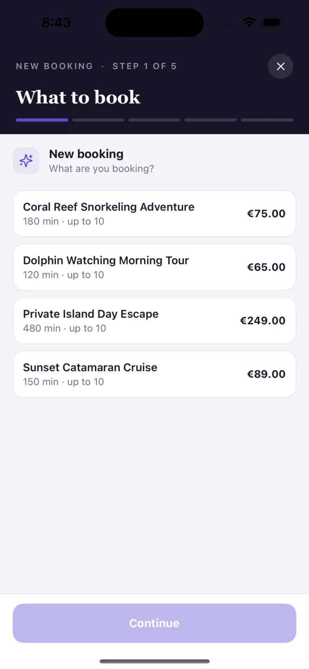 TimeKey app new booking screen listing tours with their price and duration