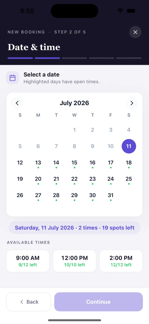 TimeKey app date and time picker showing open days, available times and seats left